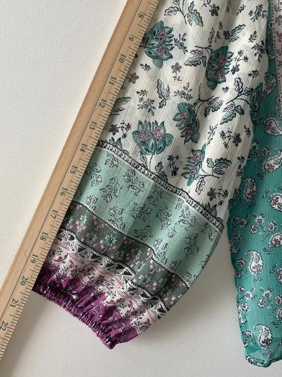 Loft Womens Multicolor Floral Stripe Scalloped Neck Peasant Blouse Top Size XL - Picture 9 of 10